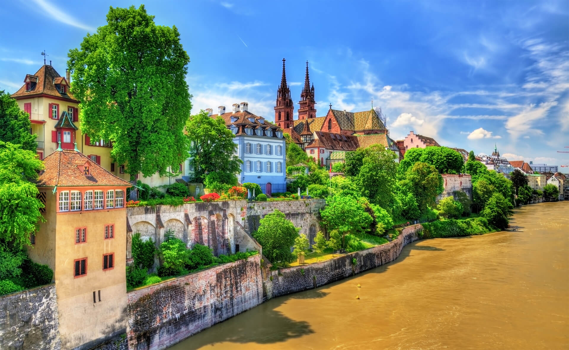 Old Town of Basel with the Cathedral Above the Rhine River